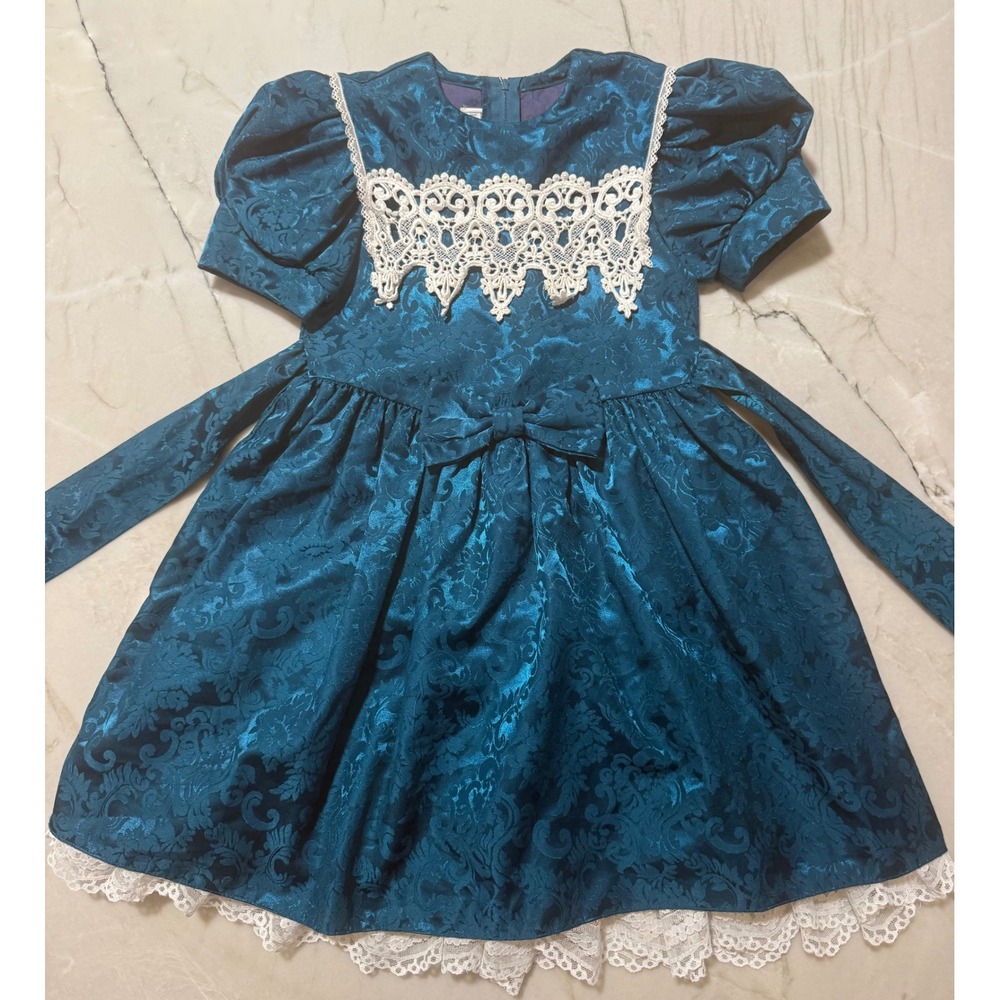 Vintage Jessica McClintock Teal Gunne Sax Puffy Sleeve Bow Formal Dress Size 6
